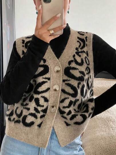 Cárdigan casual y sencillo con estampado de leopardo, cuello en V, manga larga, botones delanteros, chaleco de punto para mujer, atuendo para salir en primavera y otoño