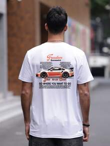 Men's White Short Sleeve T-Shirt, Racing Graphic & "Free Spirit, Unobstructed" Slogan, Streetwear Style