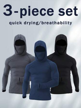 3-Pack Men's Fitness Hooded Shirts. Long-Sleeved Shirts Are Quick-Drying, Lightweight And Breathable, Suitable For Running, Hiking, Gyms, And Fishing.