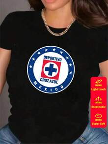 Camiseta de manga corta para mujer, cuello redondo, holgada, casual y versátil, nuevo estampado de CEMENTO CRUZ AZUL, ideal como capa base, tejido suave con buena caída - Negro-5 - Ver 2