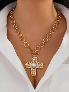 锤纹粗十字架项链套装，男女皆宜的粗链项链，金/银超大吊坠项链，复古链坠首饰