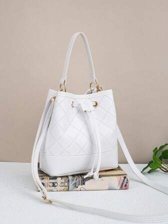 女士抽绳水桶包，菱形图案，大容量，百搭时尚新款手提包/单肩包