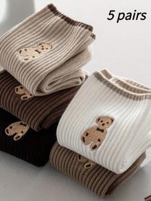 Playful Mixed Color Teddy Bear Socks 5-Pair Bundle, Ultra Cute And Soft Crew Socks For Women Girls, Comfy Animal Print Ankle Socks, Assorted Cozy Gift Set - Nhiều màu - Xem 1