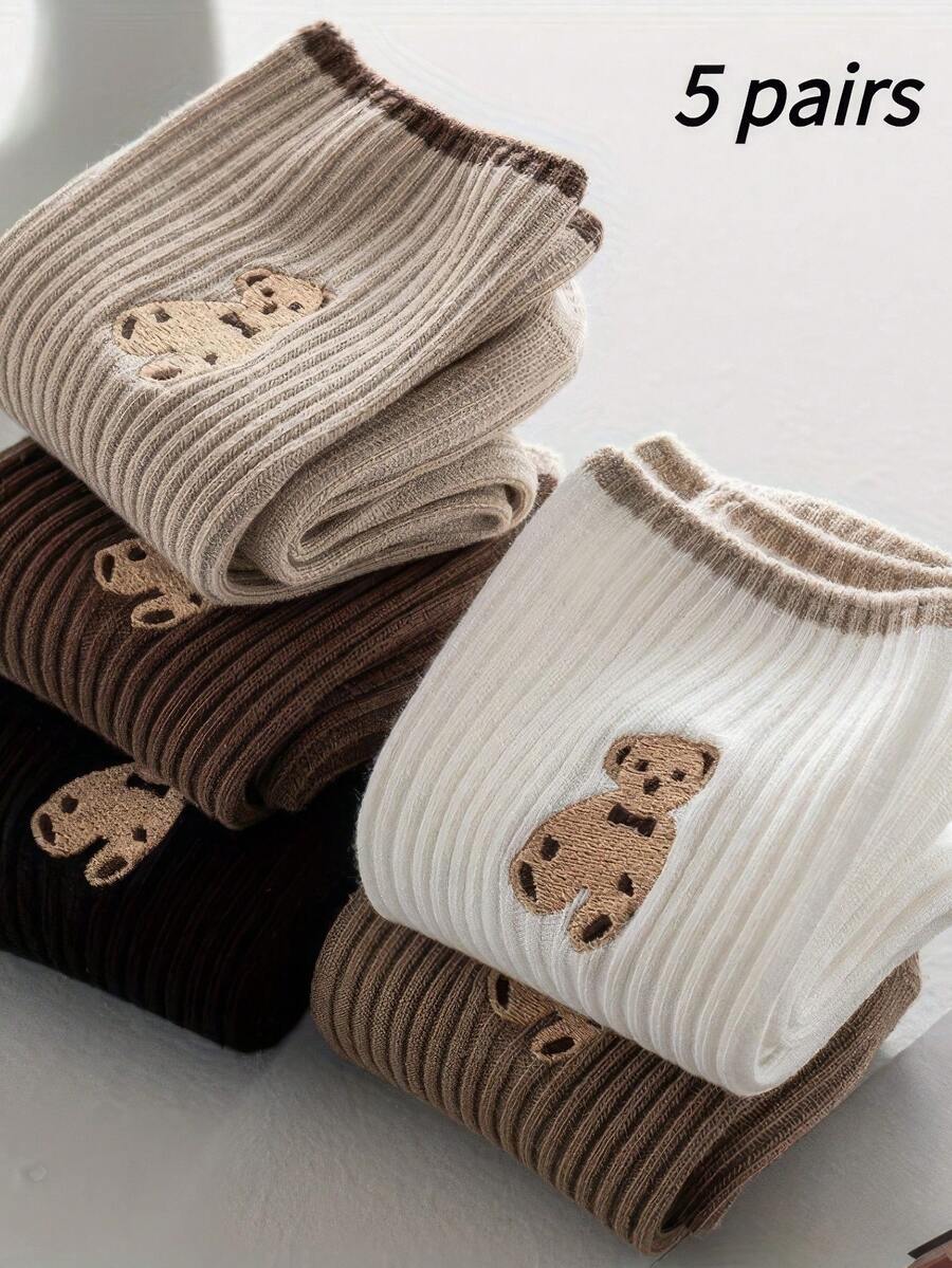 Playful Mixed Color Teddy Bear Socks 5-Pair Bundle, Ultra Cute And Soft Crew Socks For Women Girls, Comfy Animal Print Ankle Socks, Assorted Cozy Gift Set - Nhiều màu - Xem 1