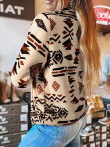 Acelitt Women's Apricot Western Style Geometric Pattern Print Half-Zip Button Casual Stand Collar Fleece Sweatshirt, Winter - Apricot - View 2