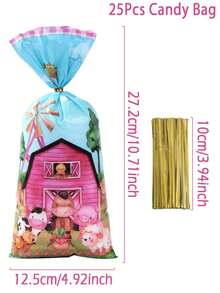 25 件农场动物风格塑料礼品糖果饼干袋配金色扭结带，可爱牛羊图案小感谢礼品包装袋，农场动物主题生日派对礼品玻璃纸袋零食袋，粉色农场动物主题生日快乐性别揭示宝贝淋浴婚礼复活节派对礼物