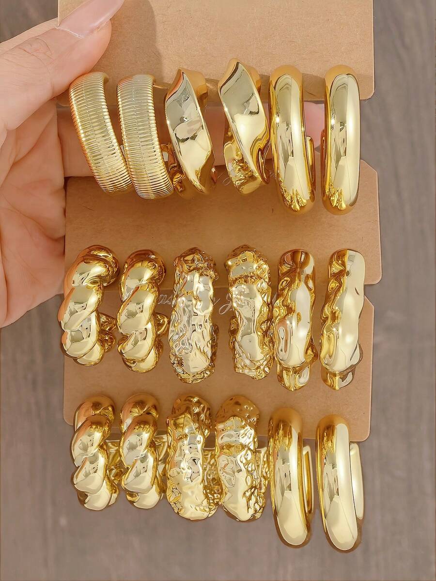 1 Set Fashionable Minimalist Casual CCB Braided Stripe & Oval Geometric Earrings Set, Women's Daily & Party Wear, Gift For Friends, Birthday - Yellow Gold - View 1