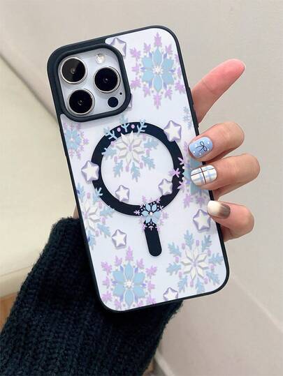 A Simple And Stylish Black Phone Case With Snowflake And Star Patterns, Magnetic Attraction, Compatible With 11/12/13/14/15/16/ Pro/Plus/Pro Max/Galaxy/S22/223/824/S25/Ultra/FE/EDGE/, Suitable For Giving To Family, Friends, Holiday Gifts, Birthday Gifts, Halloween Gifts, Christmas Gifts, Friends, Valentine's Day Gifts.