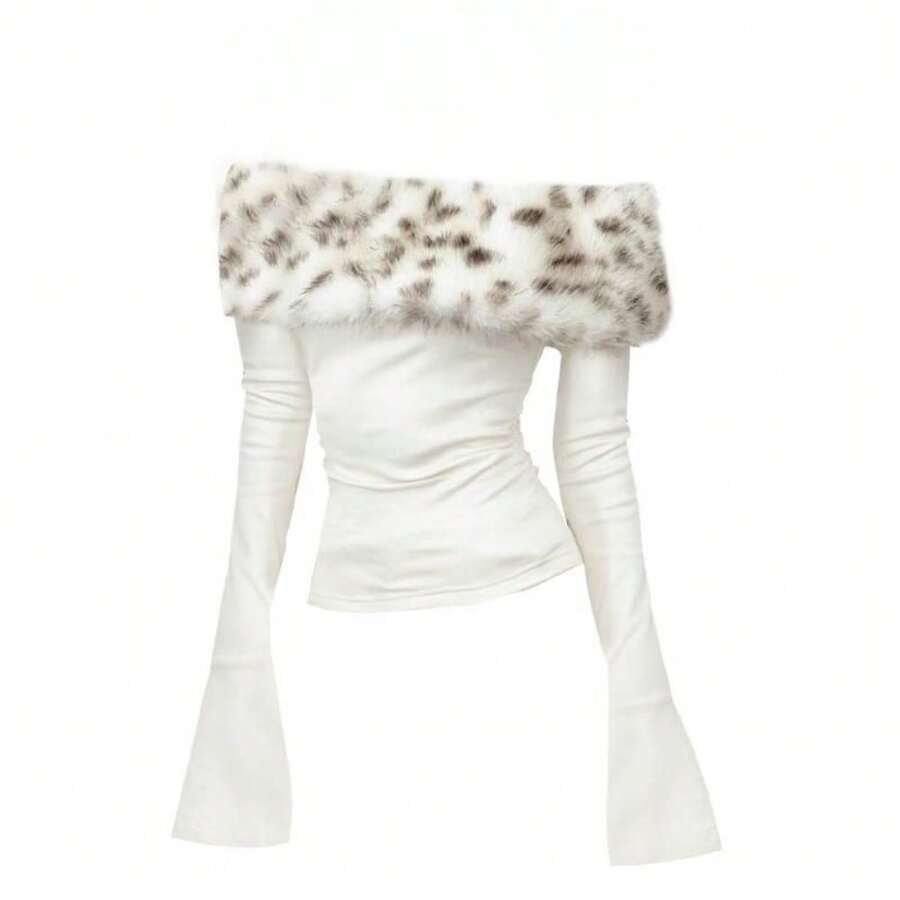 Y2k American Spice Girl Hair Collar Shoulder Long Sleeve T-Shirt Women's Autumn And Winter Niche Design Slim Waist Off-Shoulder Top - 白色 - 查看 1