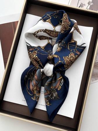 1pc Korean Style New Chain Decor Faux Silk Elegant 70cm Square Scarf, Satin Shawl Neck Wrap For Women, Versatile For Spring/Summer