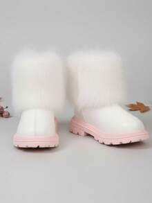 1双白色保暖毛绒领女童雪地靴，防滑耐穿，时尚粉色橡胶软底，后拉链设计，公主风PU皮靴，适合3-15岁女孩日常活动、户外活动、滑冰、打雪仗，2025冬季新款女童鞋 - 粉色 - 查看 8