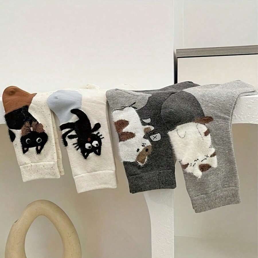 4 Pairs Of New Autumn And Winter Collection Cartoon Cat Minimalist Design Ins  High Appearance Level Mid-Calf Socks - 4 CÁI - Xem 1