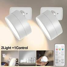 1个带遥控器的LED壁灯，内置2000mAh可充电电池，3种色温可调，360°磁吸旋转无线设计，适用于卧室床头灯。