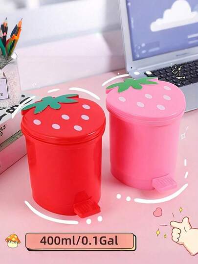 1pc Cute Strawberry Design Desktop Trash Creative Strawberry Shaped Desktop Storage Container - Plastic, Cartoon Car-Mounted Strawberry Plastic Trash Can Desktop Trash Can Pedal Trash Can, Capacity 400ml/0.1gallon, With Lid, Desk And Drawer Organizer For Office And Home Organization, Portable Storage, Home Storage