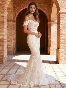 Elegant Romantic Mermaid Wedding Dress For Bride, Off-The-Shoulder Lace Applique Tulle Evening Party Dress Bridal Gowns,Romantic Church Ceremony Wedding Dress,Suitable For Wedding,Party,Singles' Party,Vacation,Bride,Formal Occasions,Dinner Dress,Prom Dress,Homecoming Dress,Cocktail Party - 白色 - 查看 4