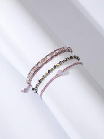 3pcs/Set Beaded Stretch Bracelets, Simple & Cute Beach Vacation Style For Women