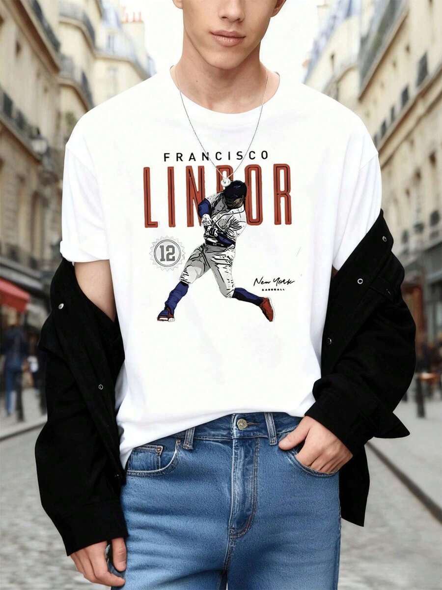 Maglietta grafica con giocatore di baseball, scollo rotondo, vestibilità comoda, casual, vestibilità comoda, stampa statement