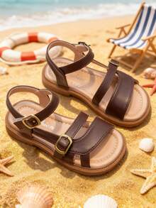 儿童凉鞋，幼儿男女童夏季沙滩鞋，带可调节双绑带 - 棕色 - 查看 1