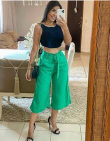 Pantacourt Viscose Linen / Capri Pants / With Belt, Pocket, Summer. - 綠色 - 查看 3