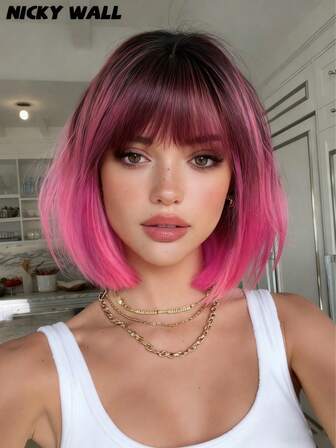 NICKY WALL 优雅的 12 英寸女士短直发假发，粉色渐变波波头假发，带刘海，高密度蓬松合成耐热纤维假发，适合万圣节动漫角色扮演服装、音乐节派对使用