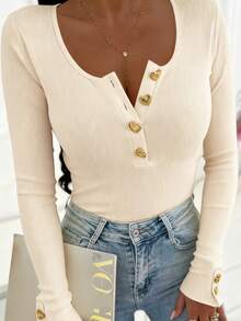 Blusa de manga larga con botones metálicos con forma de corazón y abertura media, camiseta ajustada de textura acanalada, estilo romántico y delicado, perfecta para el uso diario, salidas y citas, versátil para primavera y otoño - Albaricoque - Ver 4