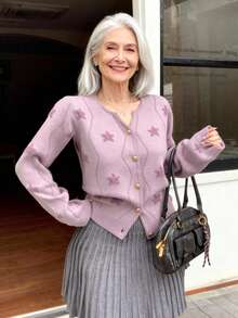 Livesso Women's Loose Business Casual Fashion Star All-Over Print, Fine Striped Color Block, Metal Button Decor Knit Cardigan, Suitable For Autumn & Winter - View 3