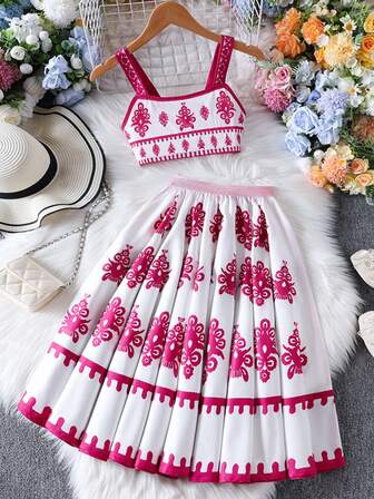 2pcs/Set Young Girls Summer Camisole Top And Retro Printed Long Skirt