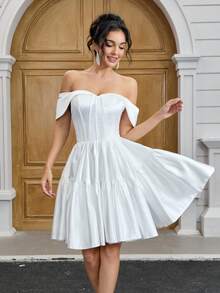 YUMIBRAVO Balletcore Off The Shoulder Wedding Dress Bride White Dresses For Women, Ball Gown Dress Short Prom Dress, Satin Wedding Dresses For Bride Birthday Women Outfits, Perfect For Classic Weddings, Graduation Dress, Party Dress