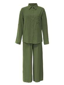 Plus Size Casual Polo Collar Cardigan, Solid Color Elegant Blouse Top, Paired With Soft Elastic Waist Loose Pants, Two Pieces Set, Suitable For Holiday, Commute, Spring/Summer/Autumn