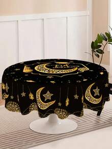 1件，开斋节快乐涤纶桌布，圆形，150厘米，黑色金色月亮和星星图案，斋月快乐桌布，开斋节庆祝活动，开斋节和宰牲节节日餐桌装饰，家庭聚会，节日厨房，家居和厨房装饰，斋月快乐派对用品