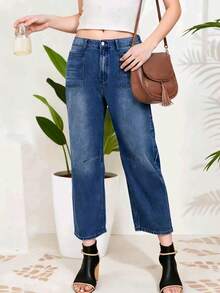 Summer Outfit Blue High Waisted Jeans Straight Leg Daily Plus Size Elegant Casual Outfit For Women Cropped Pants