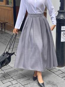 PoPoHouse女装半身裙秋冬气质优雅简约通勤高腰A字中长款裙子 - 灰色 - 查看 3
