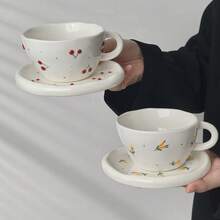 Cabin Kangaroo 1 Set Hand-Painted 3D Cherry Ceramic Cup & Saucer Set, Vintage Inspired Cherry & Blueberry Coffee Cup, Unique Countryside Style Afternoon Tea Set