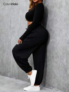 Plus Size Women's Loose Fit Sweatpants, Casual Sports Style, Elastic Waistband With Drawstring, Side Pockets, Tapered Leg, Flattering Silhouette, Suitable For Curvy Figures - Black - View 6