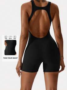 DINBEY 女士罗纹针织镂空瑜伽连体裤 弹力修身运动服 - 黑色 - 查看 1