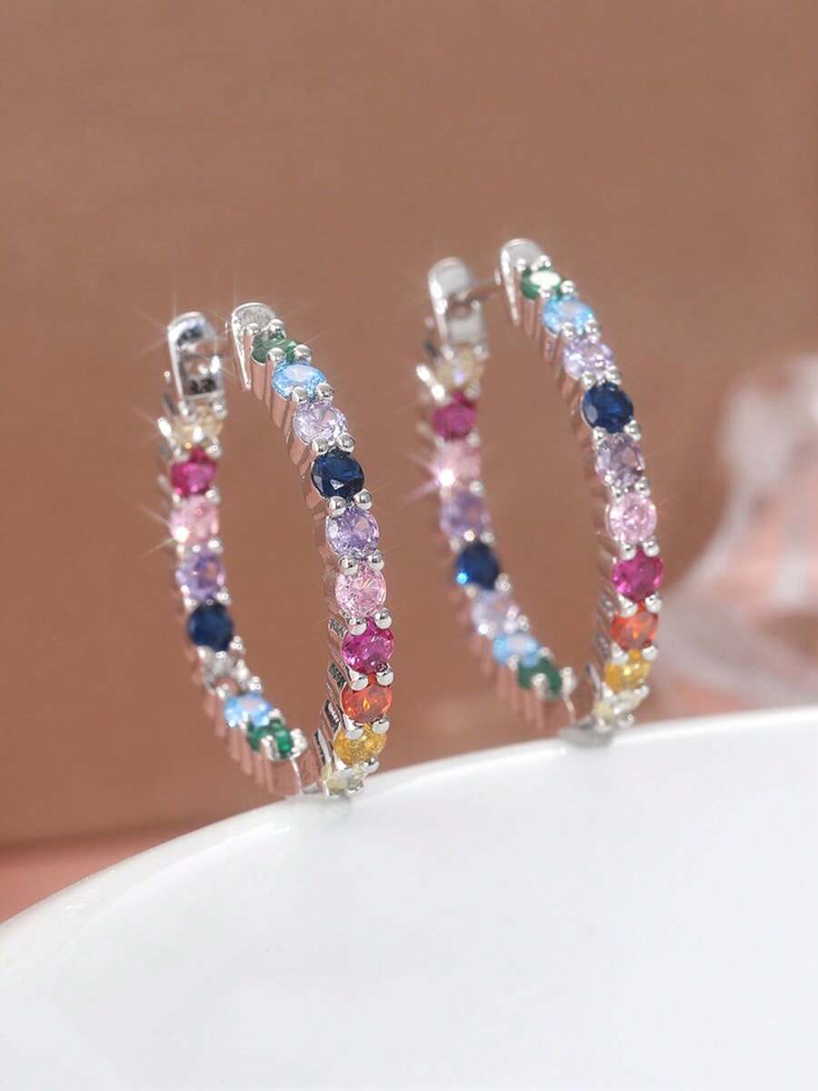 Multicolor Cubic Zirconia Earrings, Fashion Earrings For Women, Anniversary Gift - Silver - View 1