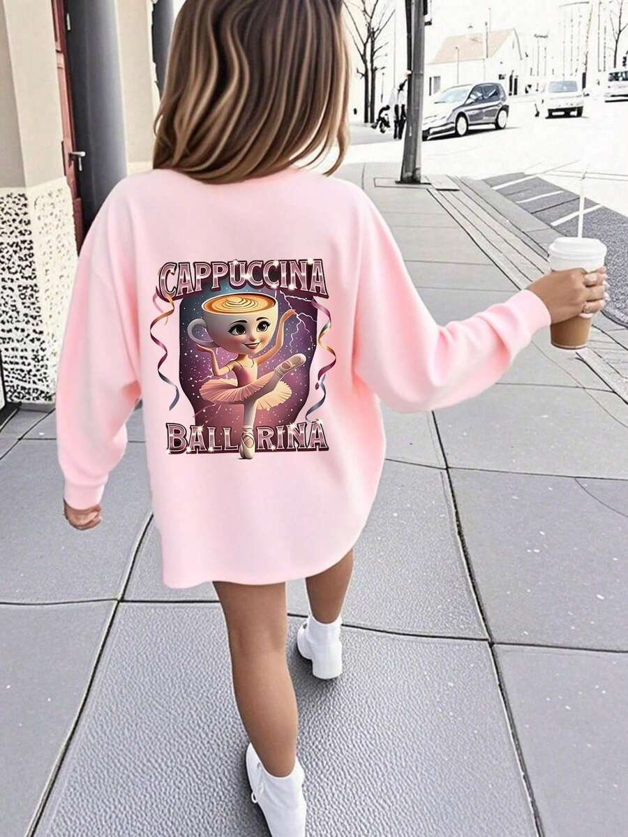Tween Girls' "Cappuccino Ballerina" Graphic Print Long Sleeve T-Shirt, Autumn/Winter Top