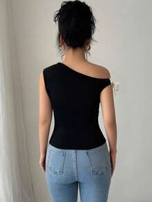 Blusa con hombros descubiertos y lazada, suéter tejido elegante y sexy, capa base de bloques de color para mujer, otoño