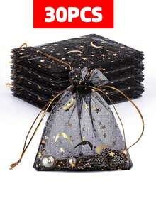 30PCS Moon And Star Printed Drawstring Hard Yarn Bag, Black, Candy Gift Bag, Used For Cosmetics, Parties, Jewelry, And Festivals, 3.5x4.7 Inches (9x12 Cm), Festival Valentine's Day, New Year Gift Packaging Gift Bag - Multicolor - View 14