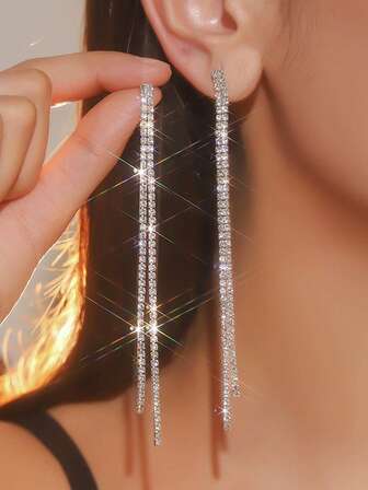 一对优雅简约的水晶流苏长耳环，男女皆宜，精致的圣诞节/生日礼物。