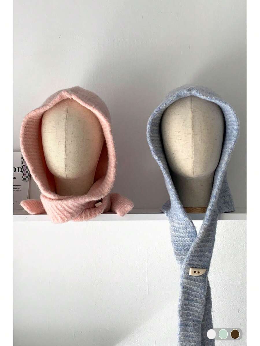 针织拉法帽带围巾，保暖护耳，秋冬季男女通用加厚针织帽带围巾，复古风格 - 牛角扣雜線羊毛 - 查看 1