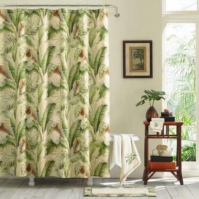 Fabric Shower Curtain Tropical Lightweight Style Hook Holes Top Palmiers Green 72" X 84"