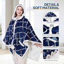 Wearable Heated Throw Blanket, Flannel & Sherpa Throw Shawl Poncho With Hoodie & Pocket, 6 Heating Levels & 2-10 Hours Auto Shut Off, Washable, 50x60 Inch, - Navy - View 3