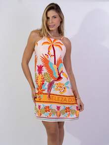 Short Dress With Zipper In The Back, Printed Summer Design. - Coral Pink - View 4