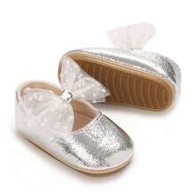 Baby Girl PU Dress Flats Soft Soles Dot Print Mesh Bow Mary Jane Shoes Casual Walking Shoes For Newborn Toddler - Bạc - Xem 8