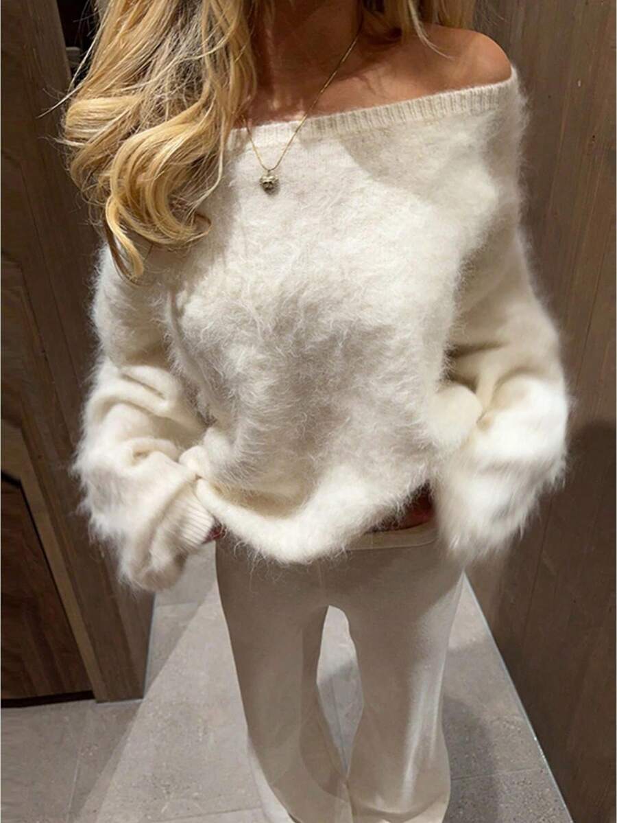 Women's Plush Mohair Blend Sweater White Dusty Pink Off Shoulder Fall Winter Pullover Soft Dropped Shoulder Knit Top For Cool Weather And Everyday Coziness - 白色 - 查看 1