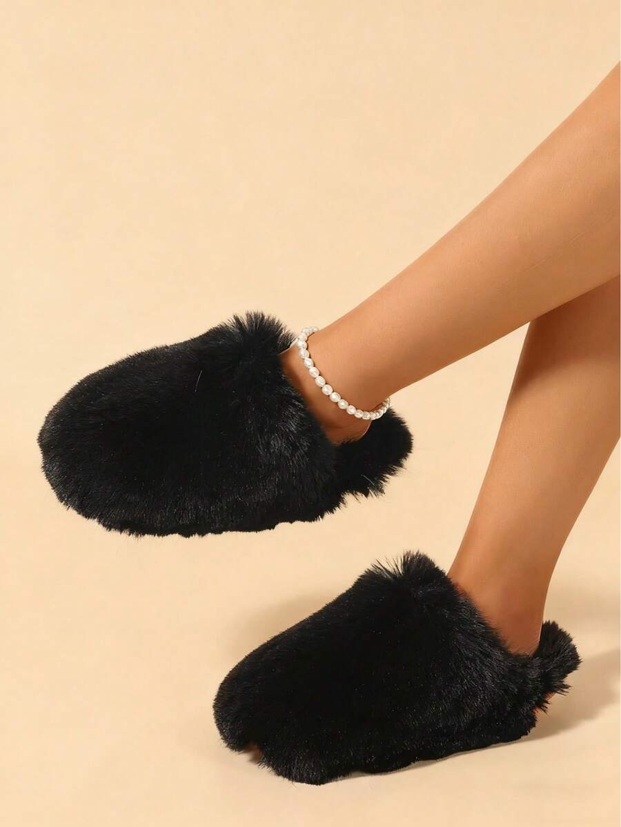 2025 Autumn/Winter New Fashion Fluffy Slippers For Men & Women, Warm Plush Toe Cover House Slippers - Black - View 1