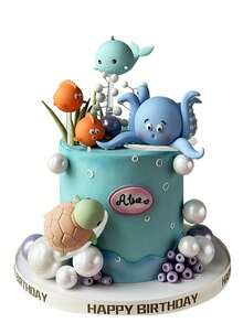 Ocean World Theme Cake Topper, Octopus, Whale, Manta Ray, Bobo Fish, Sea Turtle, Coral Soft Plastic Ornaments, Ocean Theme Cake Decoration, Suitable For Birthday Party, Baptism, Gender Reveal Party Cake Decoration, Table Decoration, Reusable(Do Not Touch The Cake Directly; Use It With A Tray.) - Multicolor - View 5