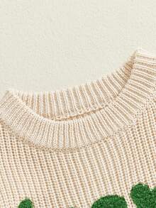 Suéter para bebé niño pequeño con letras trébol bordado jersey cálido cuello redondo manga larga tops de punto de primavera - Albaricoque - Ver 5