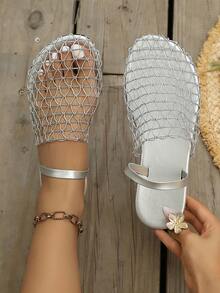 New European And American Style Backstrap Fishnet Flat Sandals, Hollow-Out Comfortable Beach Slides For Women - Silver - View 3